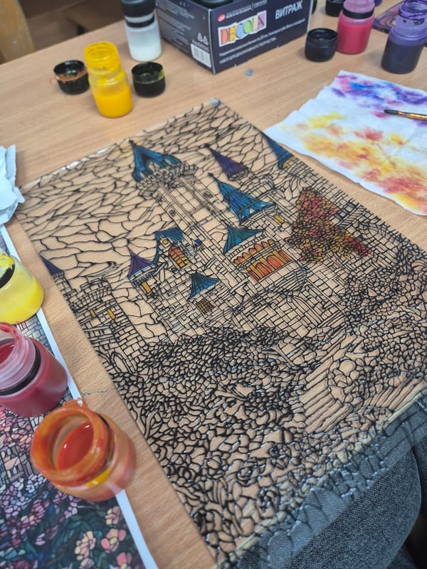 Stained glass artworks in progress at Bulgarian artist's workspace