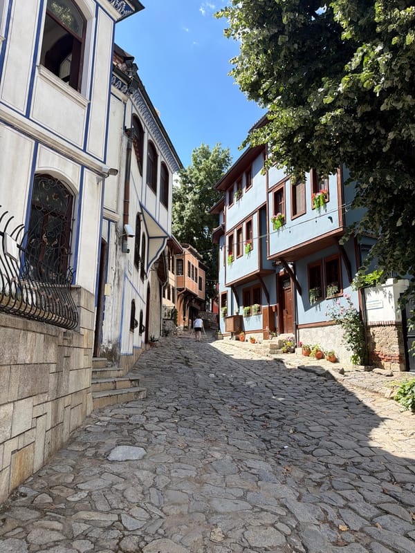 Traditional cobblestone street documented in Plovdiv Old Town