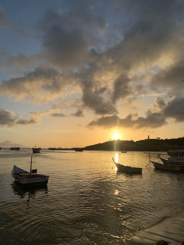 Fishing boats at sunset in Juan Griego's calm bay