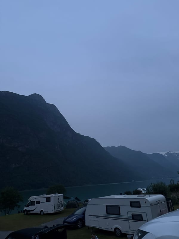 Camping by a mountain lake in Olden, Norway