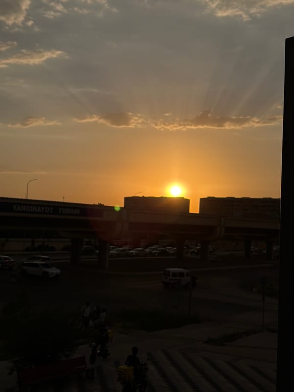 Tashkent overpass frames a dramatic orange sunset sky