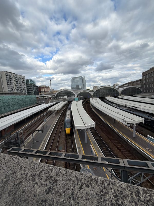 Elevated view captured of Paddington Station platforms and tracks