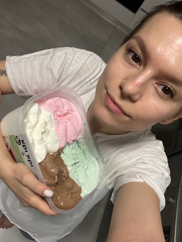 Multi-flavor ice cream tub, multiple angles, Limassol evening