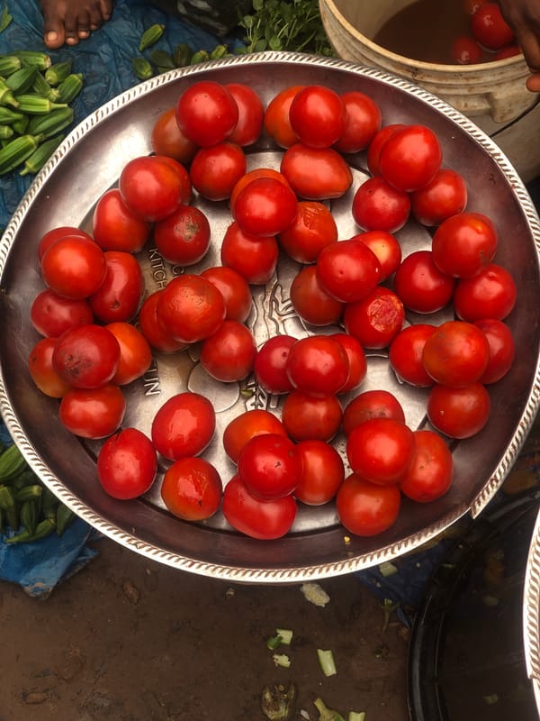Tomatoes displayed in decorative tray on muddy ground in Abakaliki
