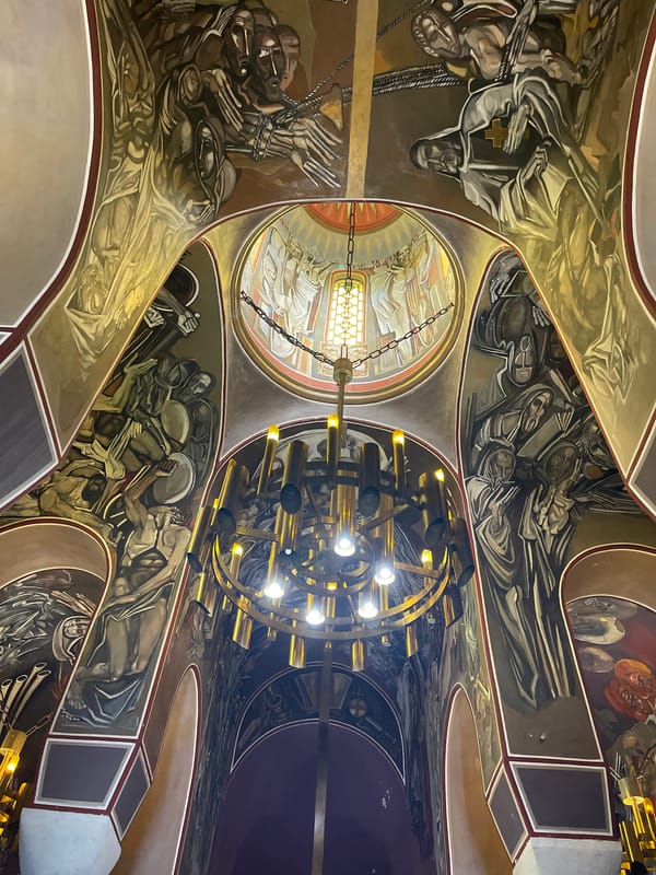 Tourist visits historic cathedral in Veliko Tarnovo, Bulgaria