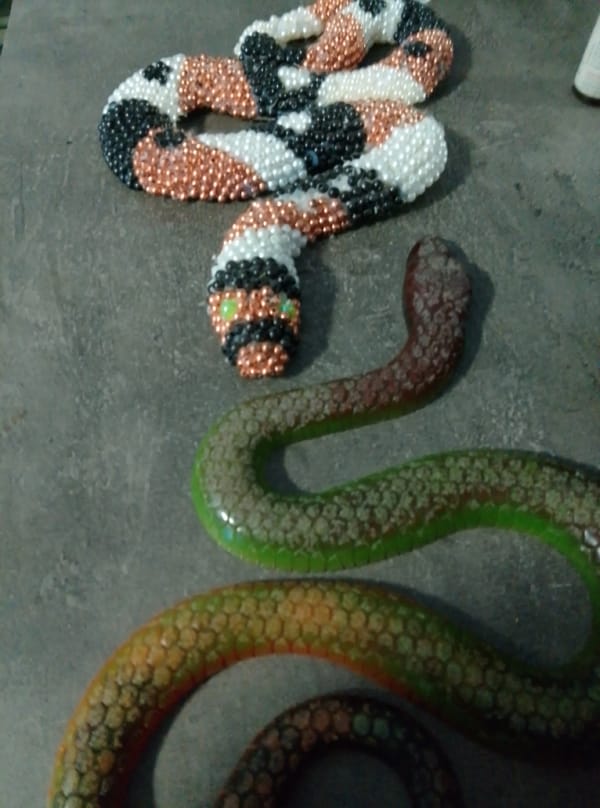 Decorative snake figures and shelf collectibles in Wedel