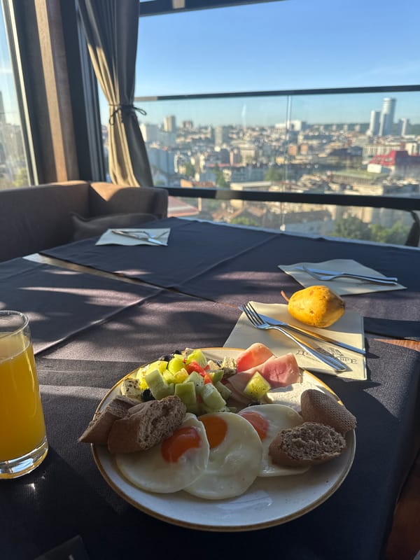 Morning meal served at Belgrade restaurant with skyline view