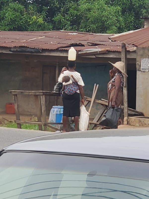 Person carries baby, balances container; white rooster found resting