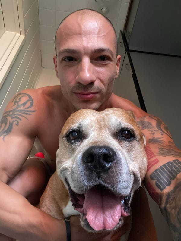Shirtless, tattooed, and hanging out with a pit bull in Pleven
