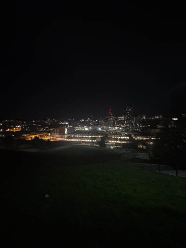 Nighttime cityscape view captured from elevated position in Sheffield