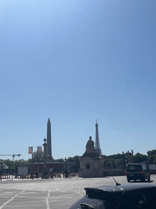 Paris landmark photographed sideways under clear skies