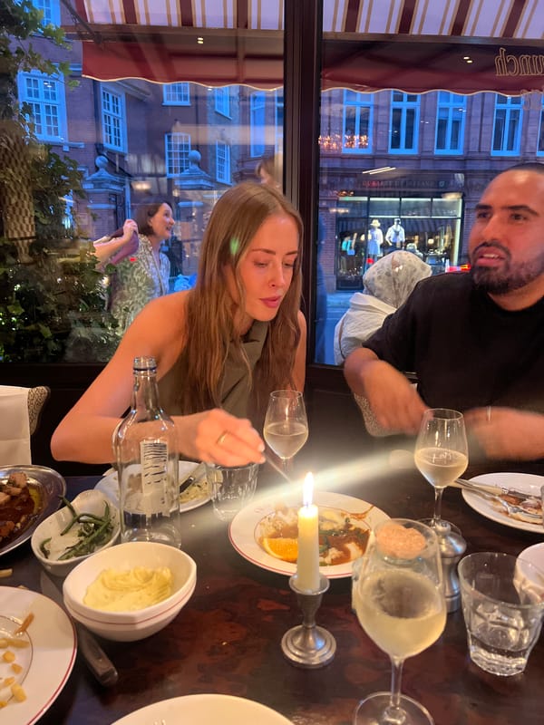 Cocktails, crème brûlée, and dinner at a London restaurant