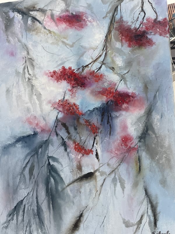 Art exhibition with oil paintings documented in Kokshetau mall