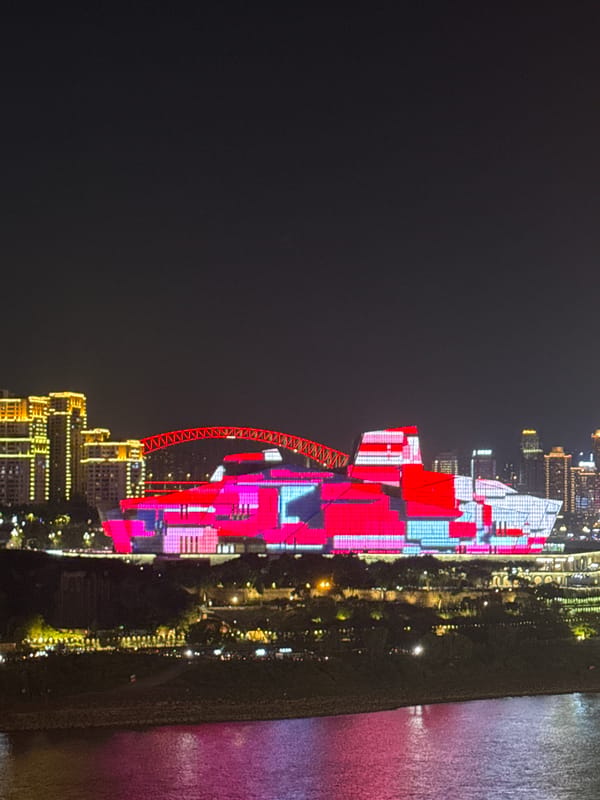 Chongqing's illuminated skyline and bridges captured during afternoon hours
