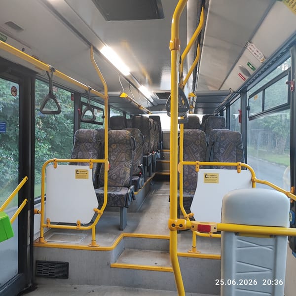 Empty bus interior parked in Lytkarino, Russia