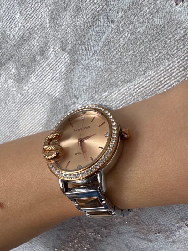 Rhinestone watch and snake charm close-up in Ufa