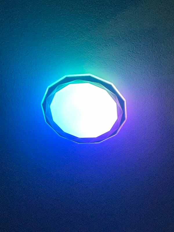 Late-night vibes with a sleeping dog and color-shifting lights