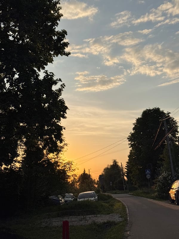 Woman documents sunset evening stroll in rural Мещёры, Russia
