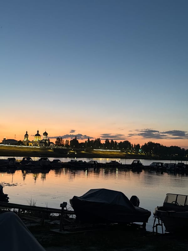 Sunset documented along Volga River waterfront in Syzran, Russia