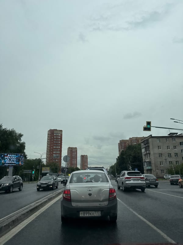 Wet roads and overcast skies on a Shchyolkovo street