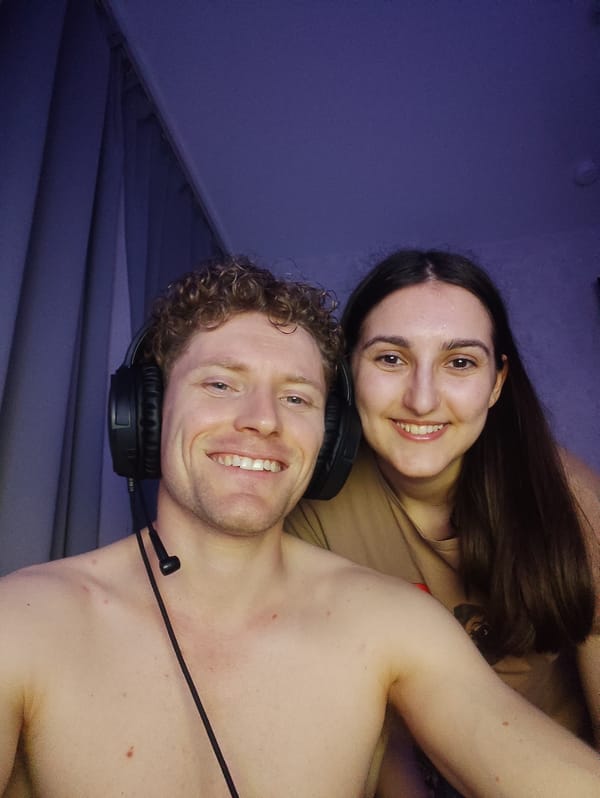 Gaming or streaming session with headphones and purple lighting