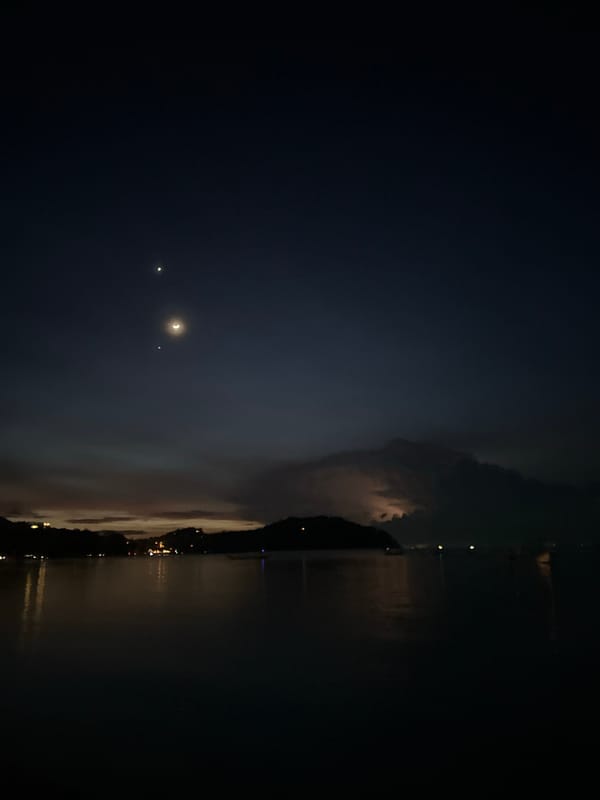 Twilight on Koh Phangan: bay, boats, and beach at dusk