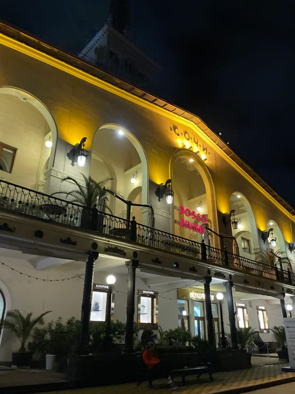 Nighttime architectural photography captured in Sochi's commercial district