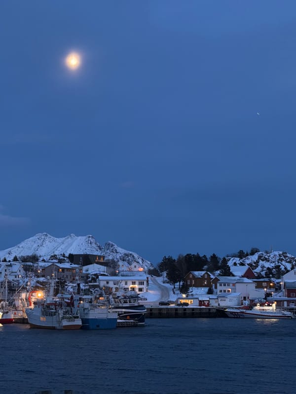 Dusk captures snow-covered Ballstad coastal town in evening light