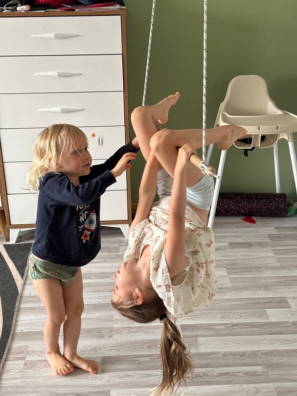 Children play on indoor swing equipment in Fethiye home