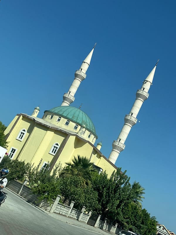 Morning street scene near a mosque in Fethiye, Turkey