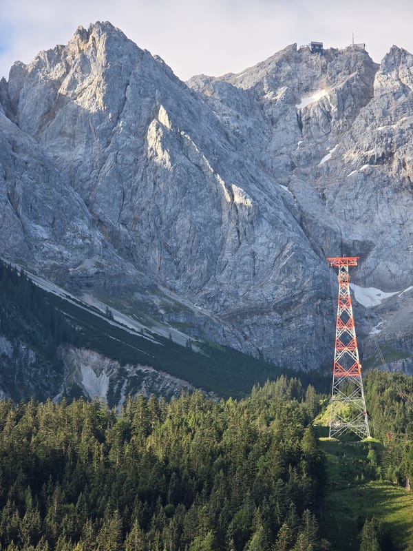 Red and white lattice pylon on a forested Alpine slope