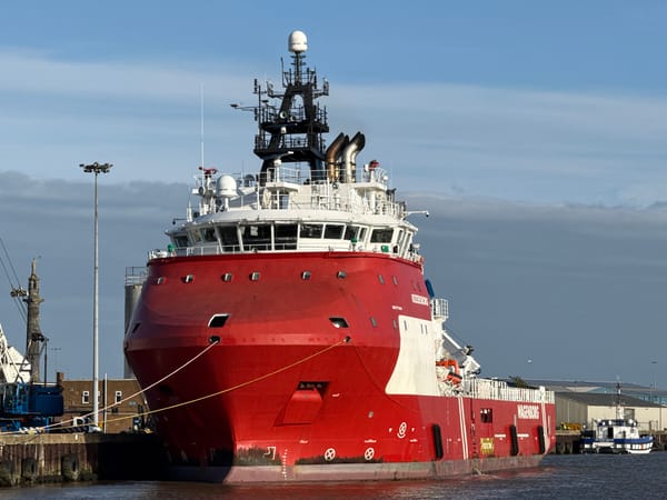 Offshore supply vessel docks at Gorleston-on-Sea port