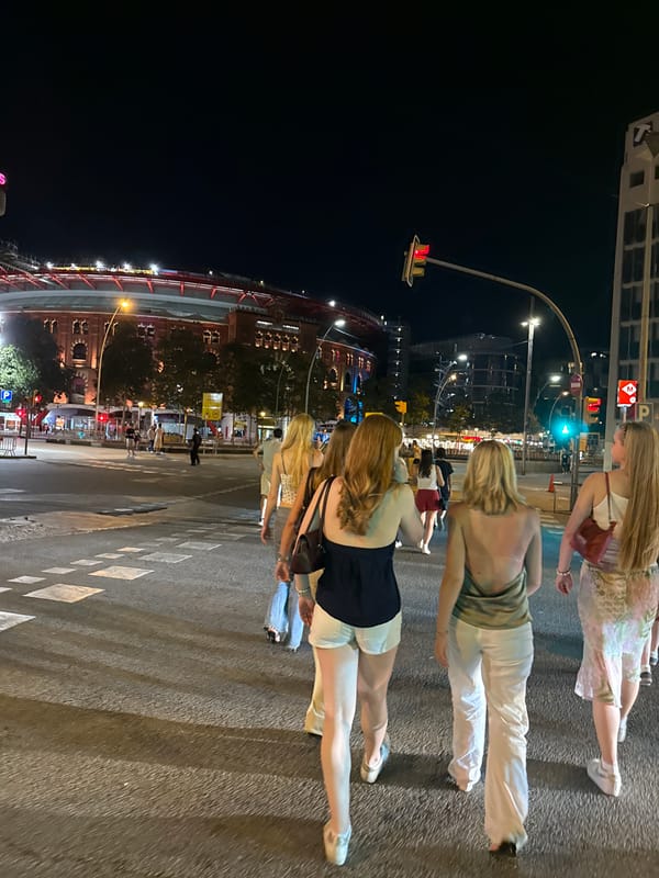 Summer night foot traffic around Plaça d'Espanya, Barcelona