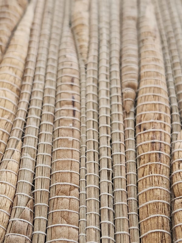 Close-up detail shots of natural fiber and woven craft objects