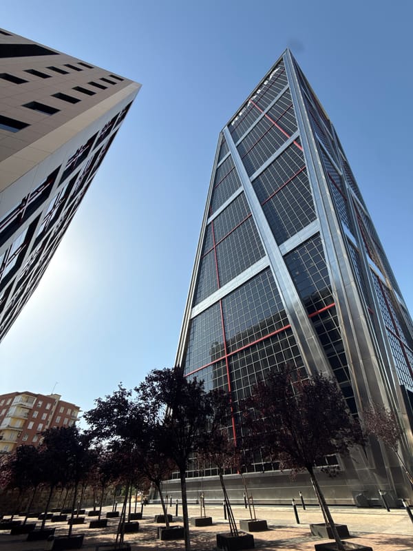 Madrid's landmark business district towers on a clear morning