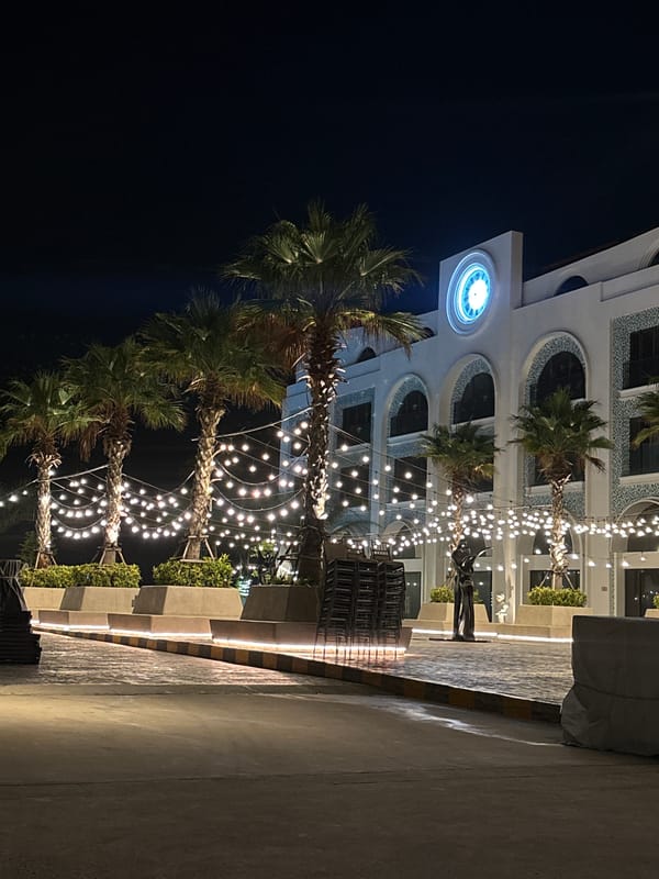 Evening documentation of illuminated heritage area in Trang, Vietnam