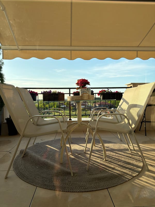 Terrace gathering space observed in Plovdiv, Bulgaria at dawn