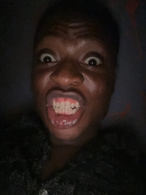 Person captured making animated expressions in seven close-up photos