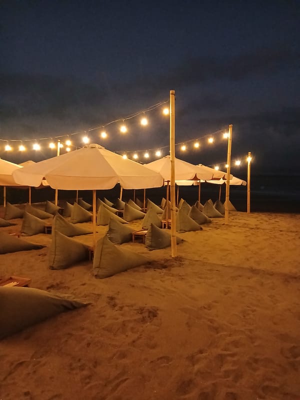 North Kuta beachfront lights up at dusk, Bali
