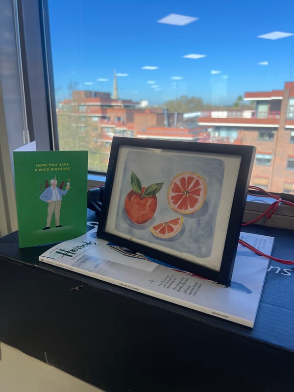 London resident documents morning shelf scene with citrus artwork