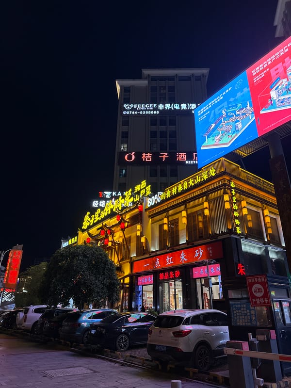 Nighttime commercial street activity documented in Zhangjiajie, China