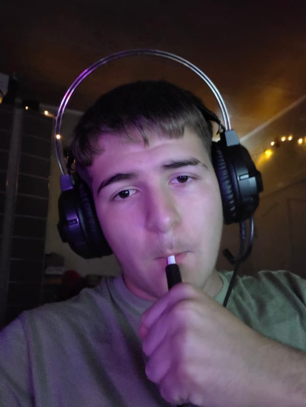 Late-night selfie session with headphones and purple lighting, Bulgaria