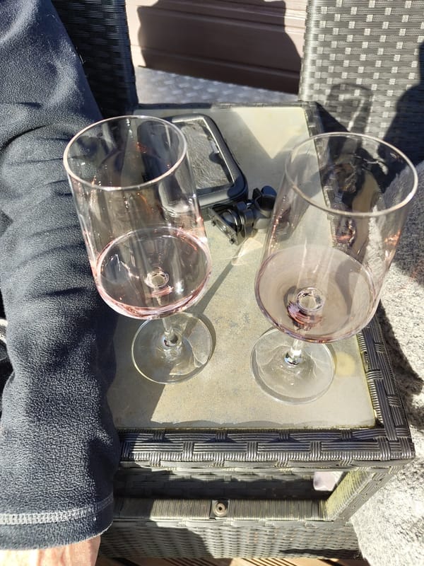 Rosé wine glasses on outdoor table in Mettlach