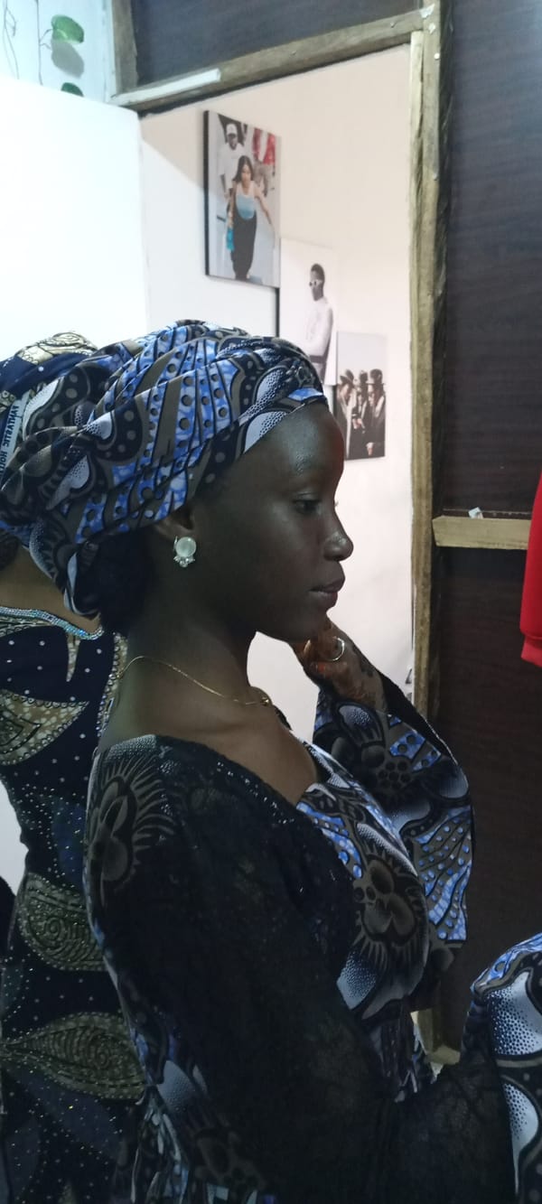 Woman in blue headscarf documented in multiple settings
