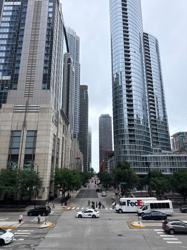 Downtown Chicago Riverwalk and skyline on a cloudy evening