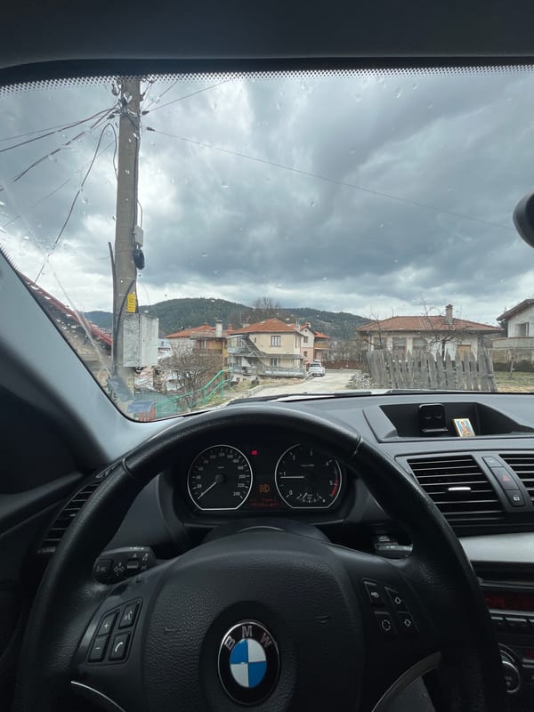 Overcast weather observed from BMW interior in Chepelare, Bulgaria