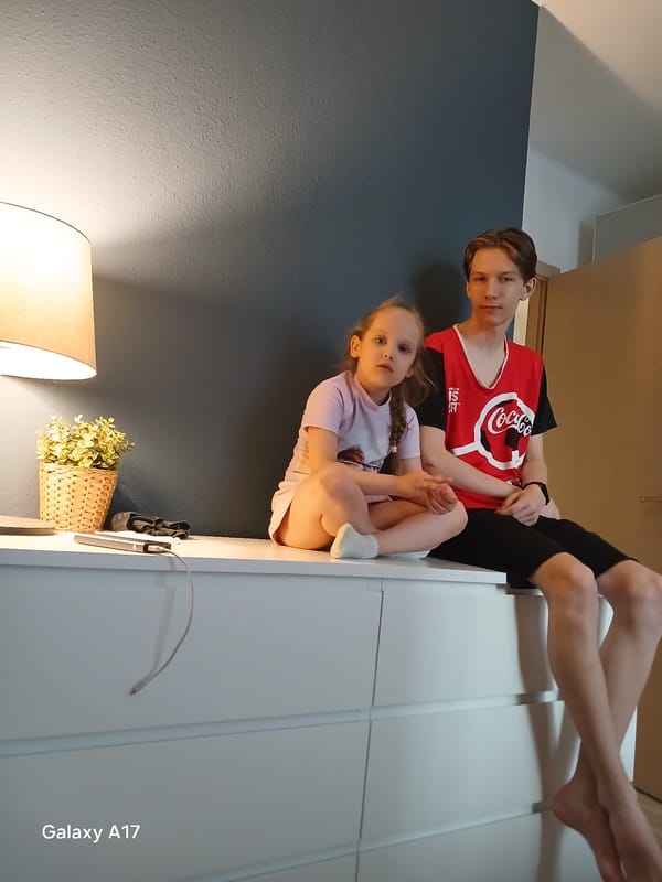 Siblings play together in Yekaterinburg home during afternoon