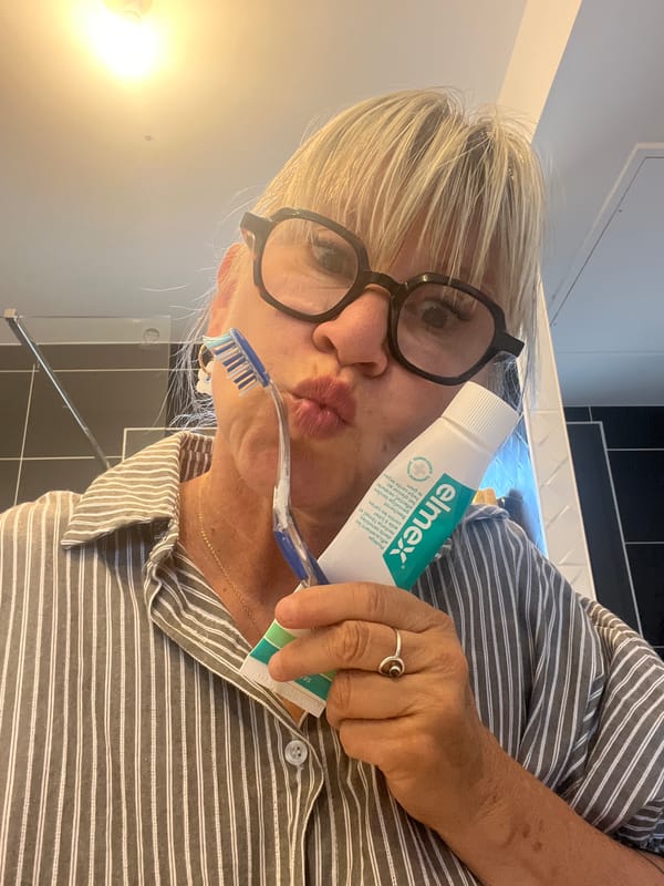 Elmex toothpaste and toothbrush ready in a French bathroom