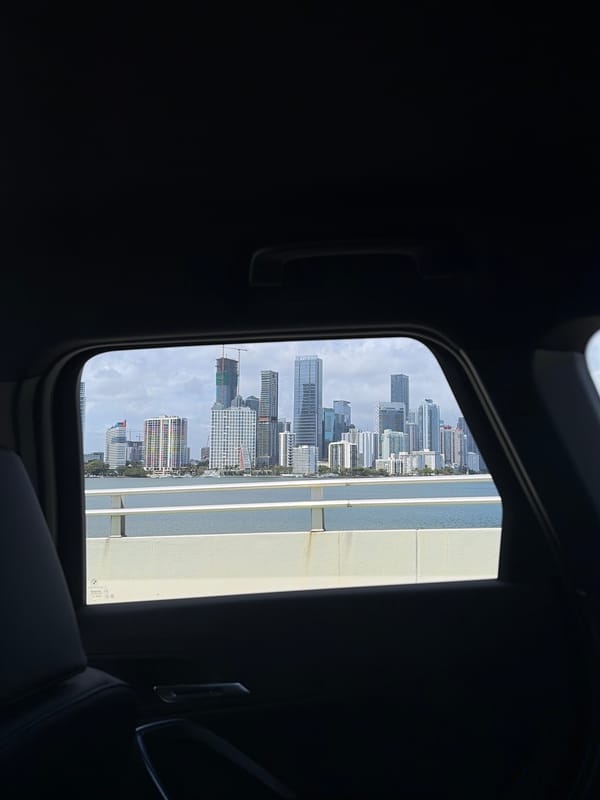 Miami skyline and bridge views captured from moving vehicles
