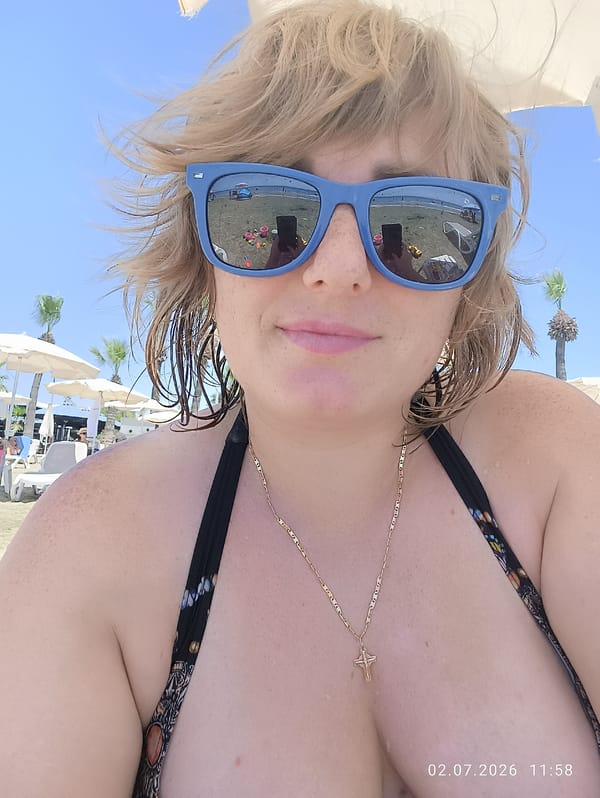 Beachside selfie on a sunny day in Larnaca, Cyprus